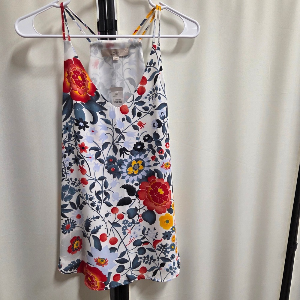 LOFT Floral V-Neck Double Strap Camisole Top White Red Blue Yellow Small NWT